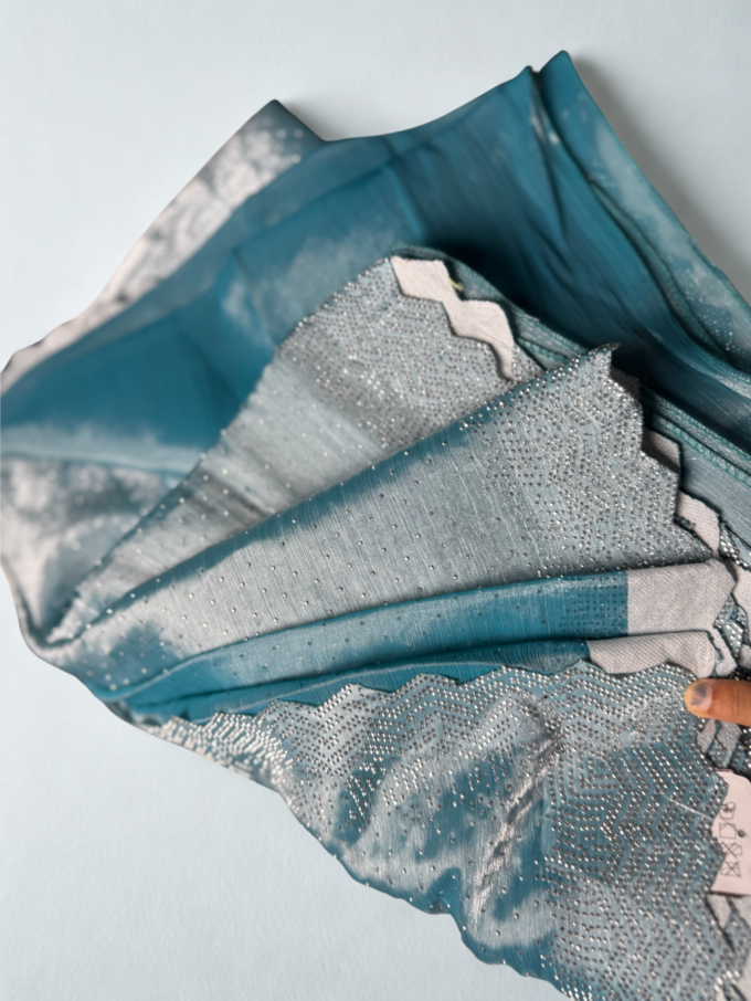 Teal and Silver Sequined Organza Saree - Image 3