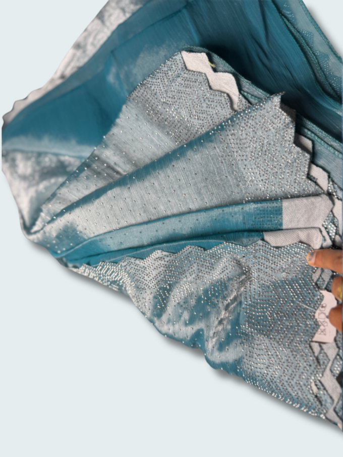 Teal and Silver Sequined Organza Saree - Image 4