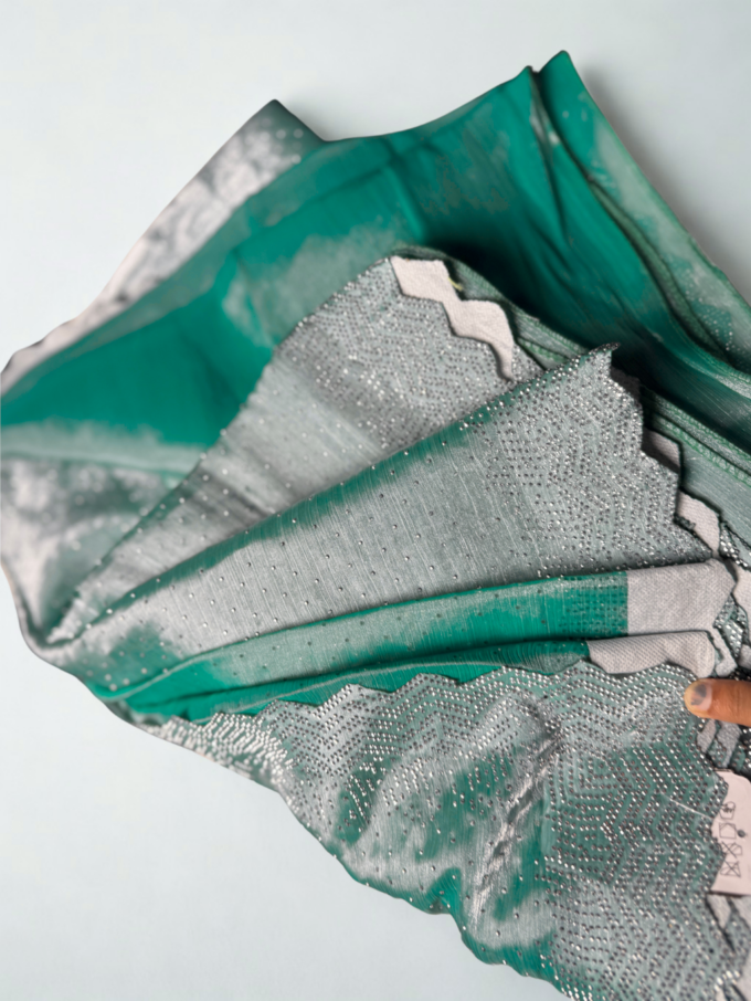 Emerald Green Sequined Organza Saree - Image 3