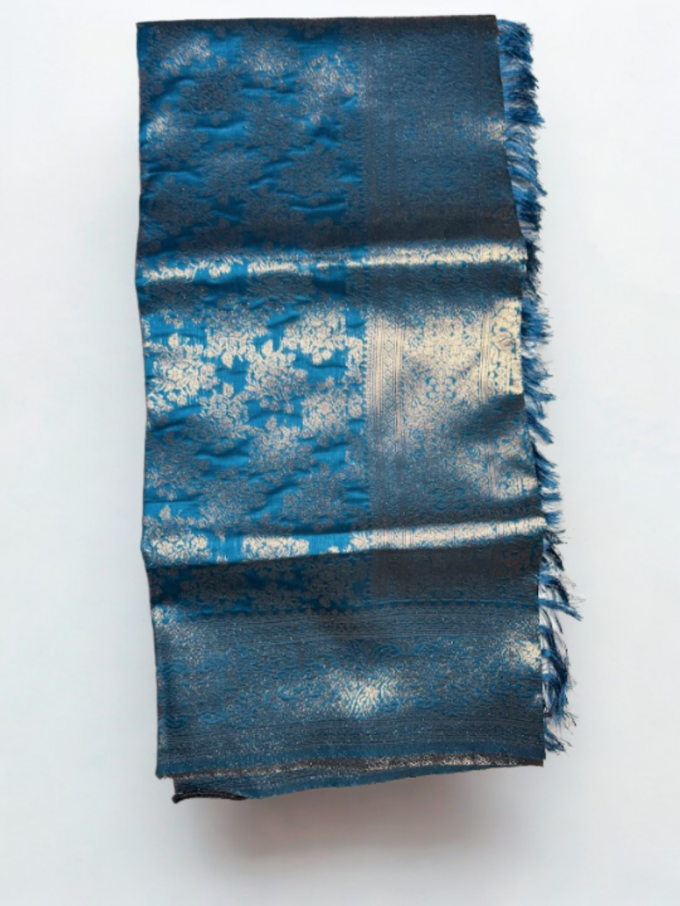 Royal Blue Banarasi Silk Saree with Golden Floral Motifs - Image 4