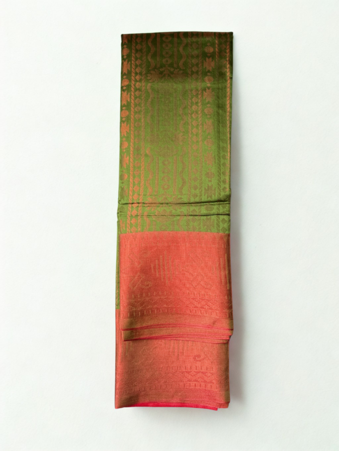 Green and Coral Silk Handloom Saree - Image 2