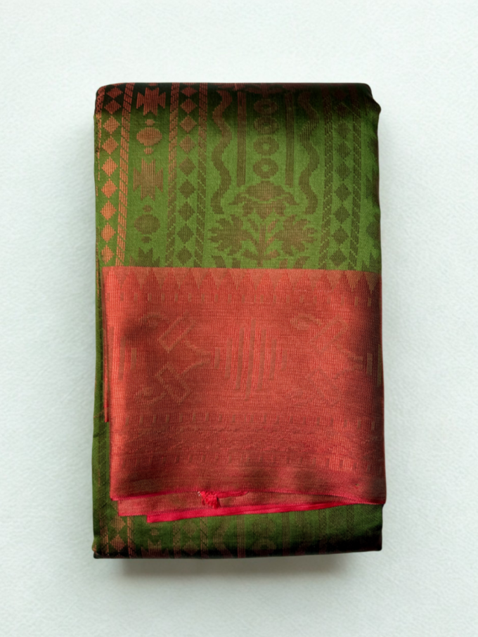 Green and Coral Silk Handloom Saree