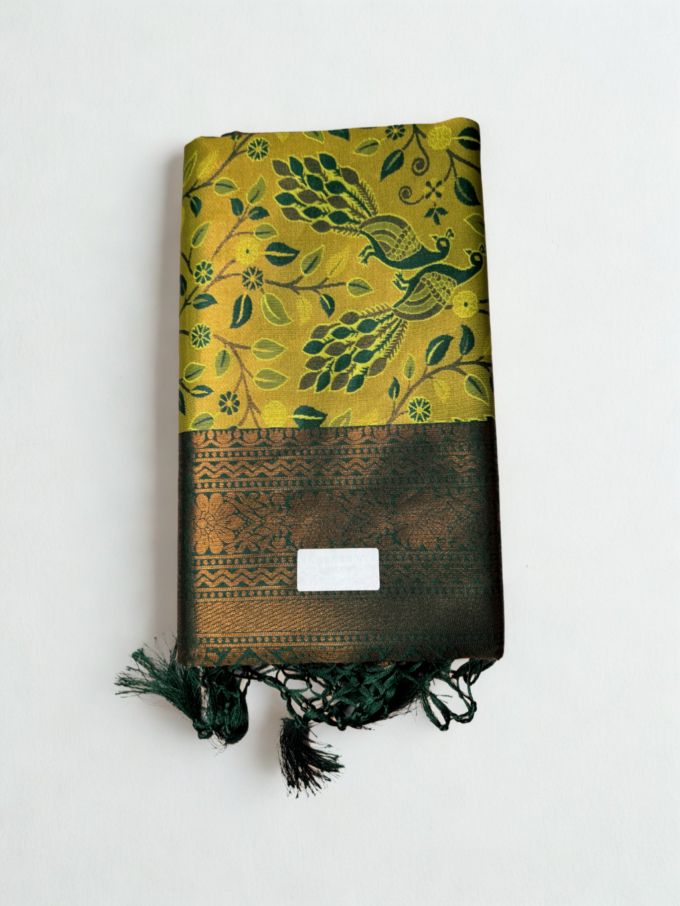 Lime Green Peacock Brocade Silk Saree