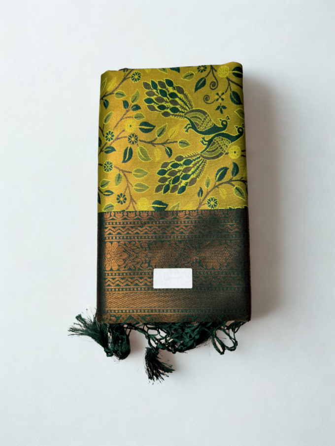Lime Green Peacock Brocade Silk Saree - Image 2
