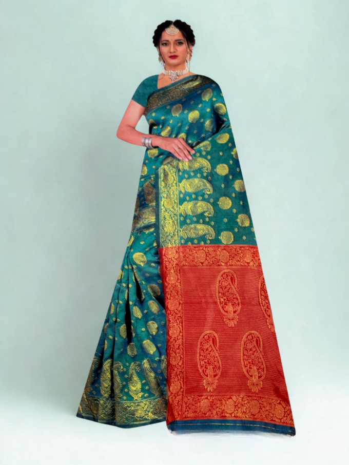 Teal Green and Vermillion Banarasi Silk Saree