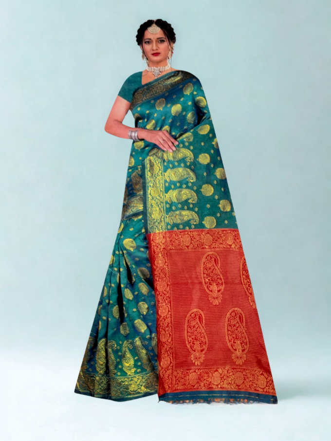 Teal Green and Vermillion Banarasi Silk Saree - Image 2