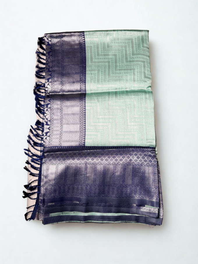 Mint Green and Navy Kanjivaram Silk Saree - Image 3