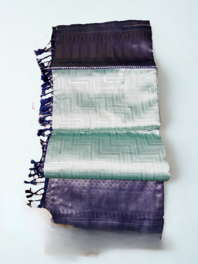 Mint Green and Navy Kanjivaram Silk Saree - Image 2
