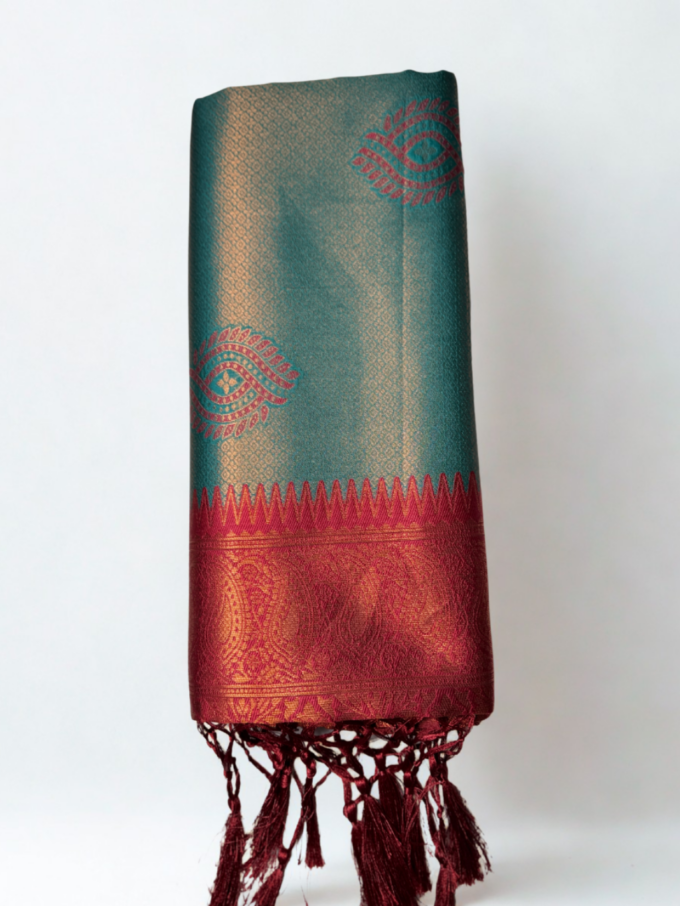 Peacock Green and Maroon Kanjivaram Silk Saree