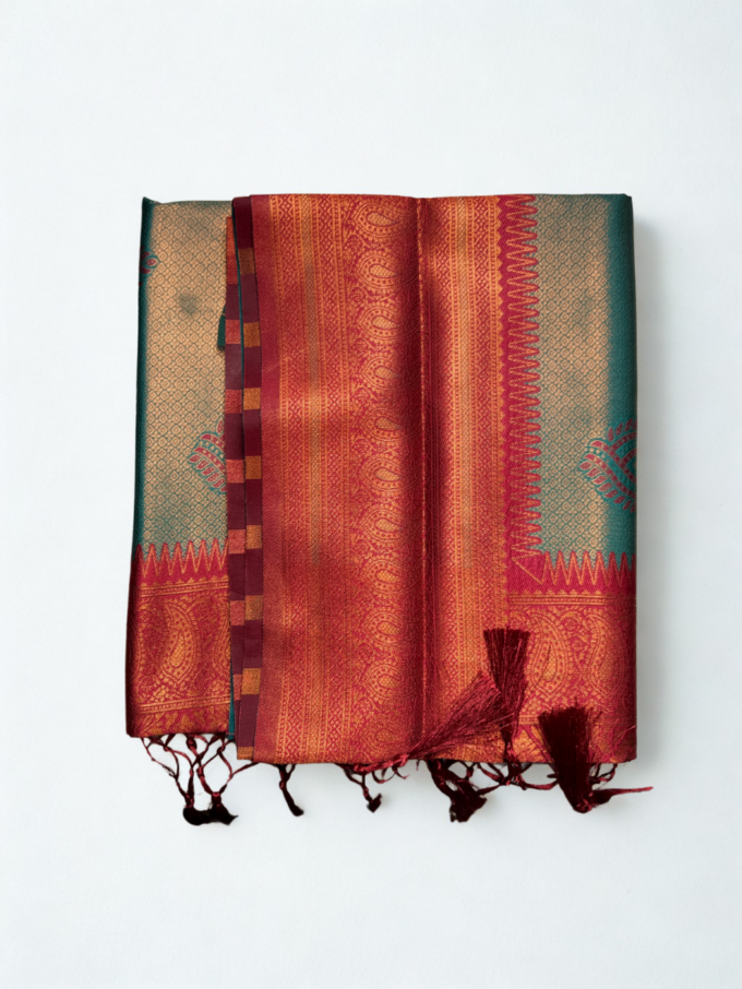 Peacock Green and Maroon Kanjivaram Silk Saree - Image 3