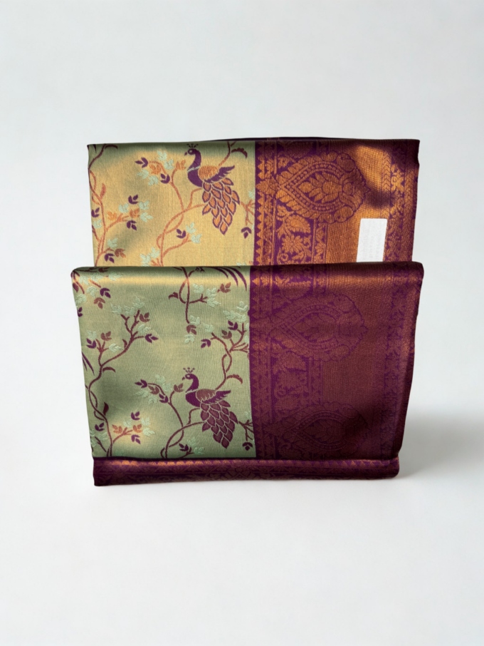 Sage Green and Eggplant Peacock Motif Silk Saree - Image 2