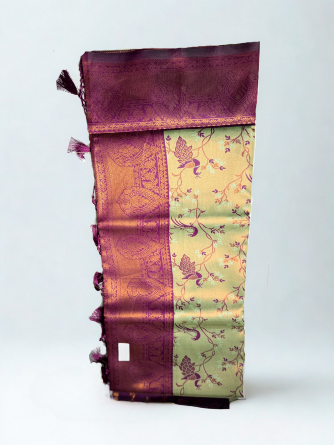 Sage Green and Eggplant Peacock Motif Silk Saree - Image 3