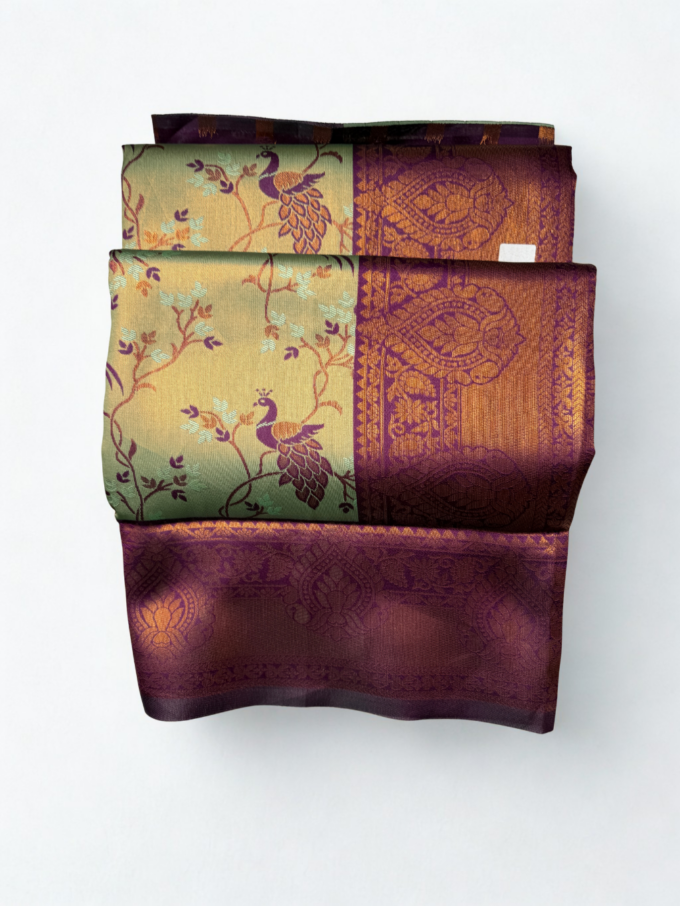 Sage Green and Eggplant Peacock Motif Silk Saree - Image 4
