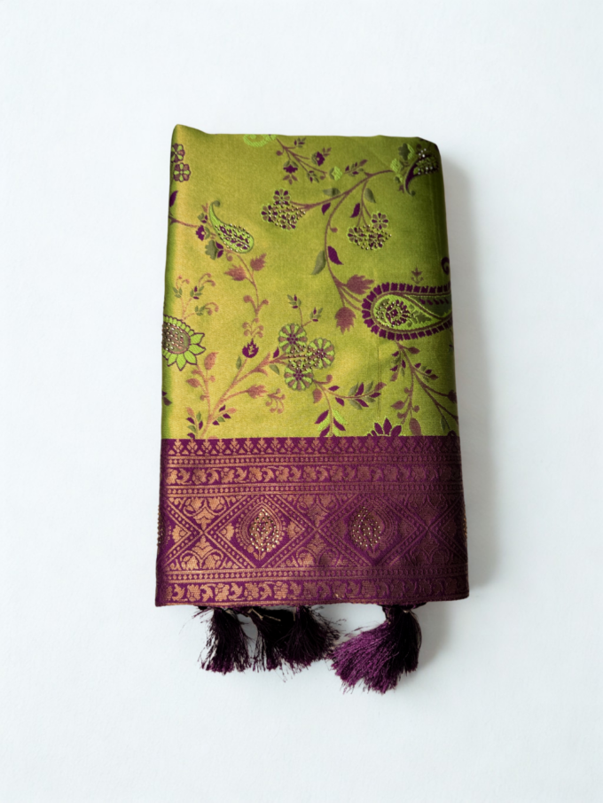 Chartreuse Green and Plum Floral Silk Saree