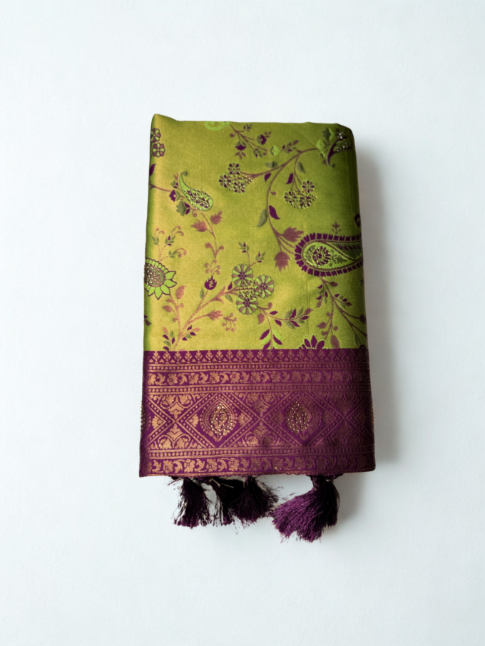 Chartreuse Green and Plum Floral Silk Saree - Image 2