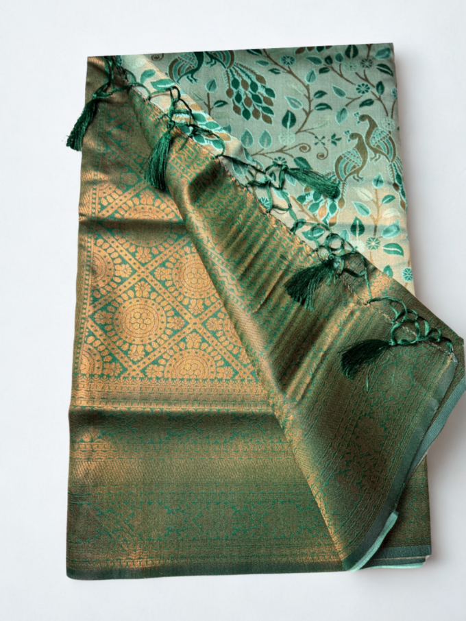 Peach and Teal Peacock Motif Kanjivaram Silk Saree - Image 2