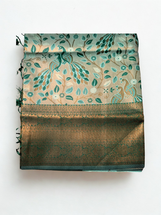 Peach and Teal Peacock Motif Kanjivaram Silk Saree - Image 3