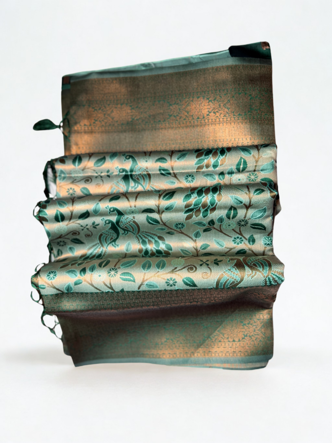 Peach and Teal Peacock Motif Kanjivaram Silk Saree - Image 4
