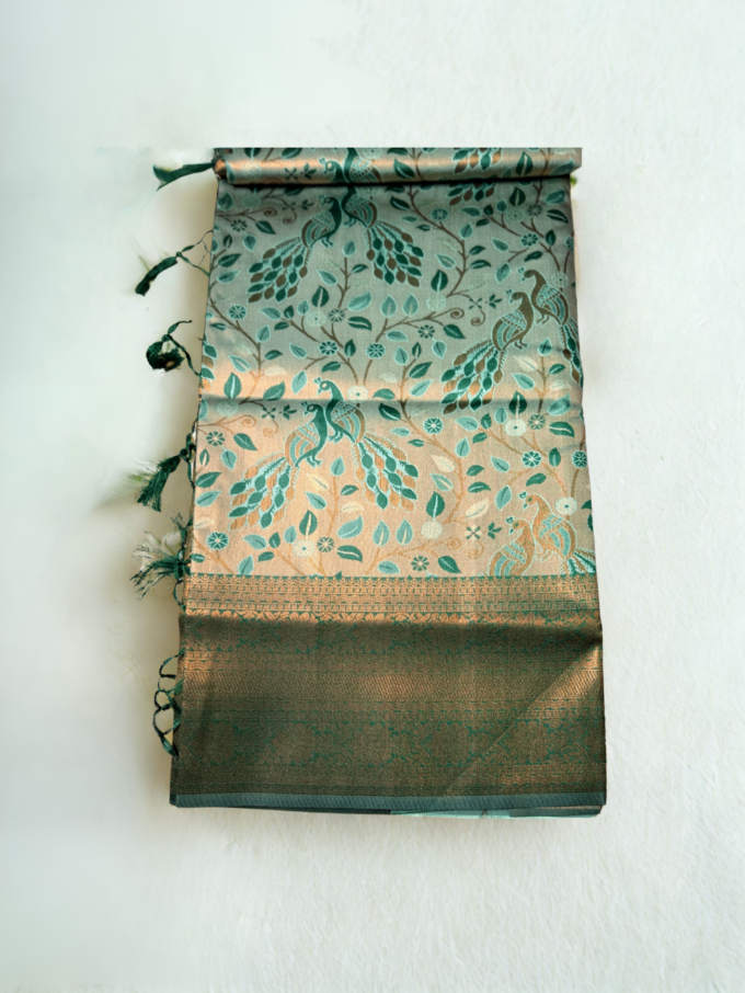 Peach and Teal Peacock Motif Kanjivaram Silk Saree