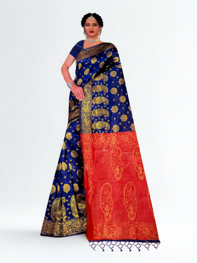 Royal Blue and Red Banarasi Silk Saree