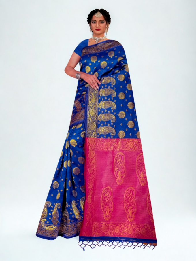 Sapphire Blue and Magenta Banarasi Silk Saree