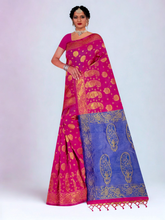 Fuchsia Pink and Royal Blue Banarasi Silk Saree