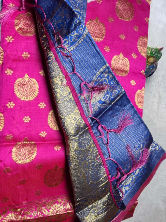 Fuchsia Pink and Royal Blue Banarasi Silk Saree - Image 3