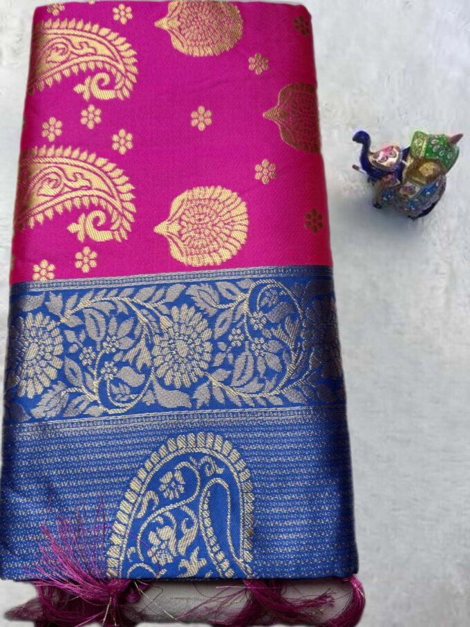 Fuchsia Pink and Royal Blue Banarasi Silk Saree - Image 4