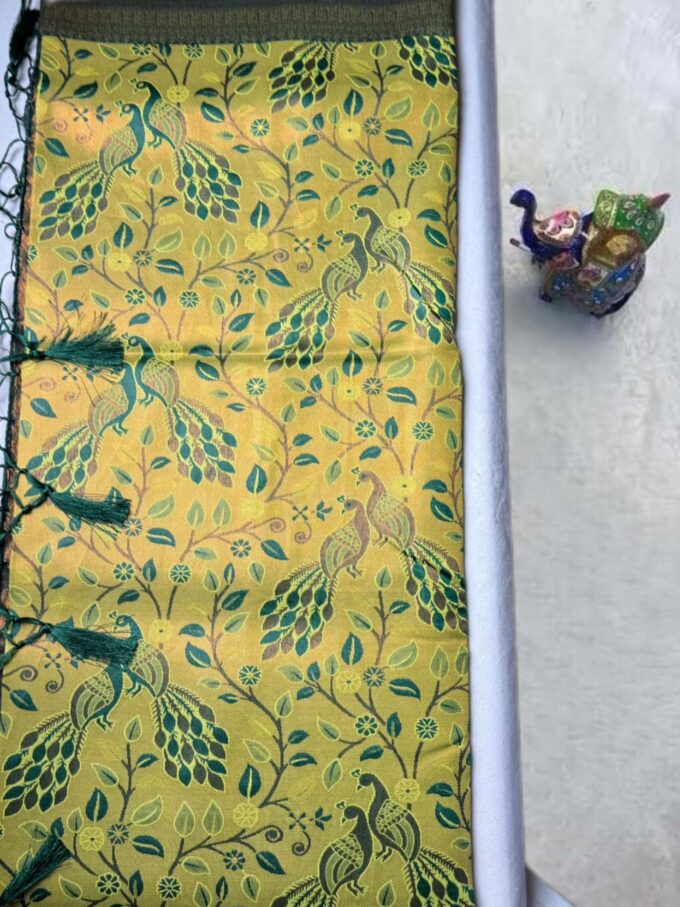 Lime Green Peacock Brocade Silk Saree - Image 3