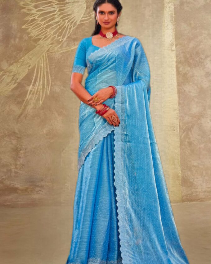 Teal and Silver Sequined Organza Saree