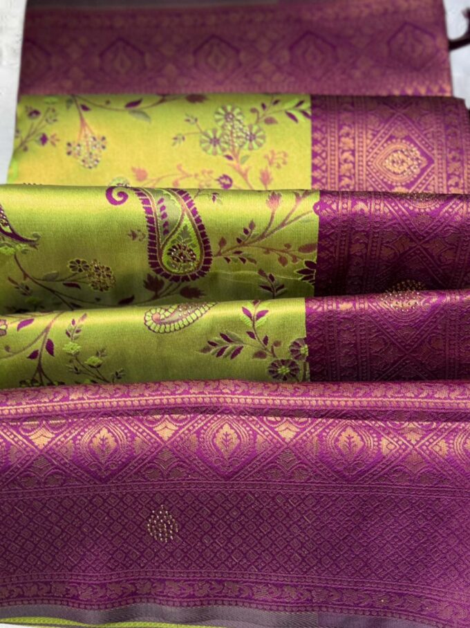 Chartreuse Green and Plum Floral Silk Saree - Image 5