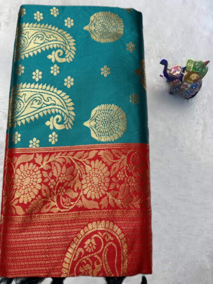Teal Green and Vermillion Banarasi Silk Saree - Image 3