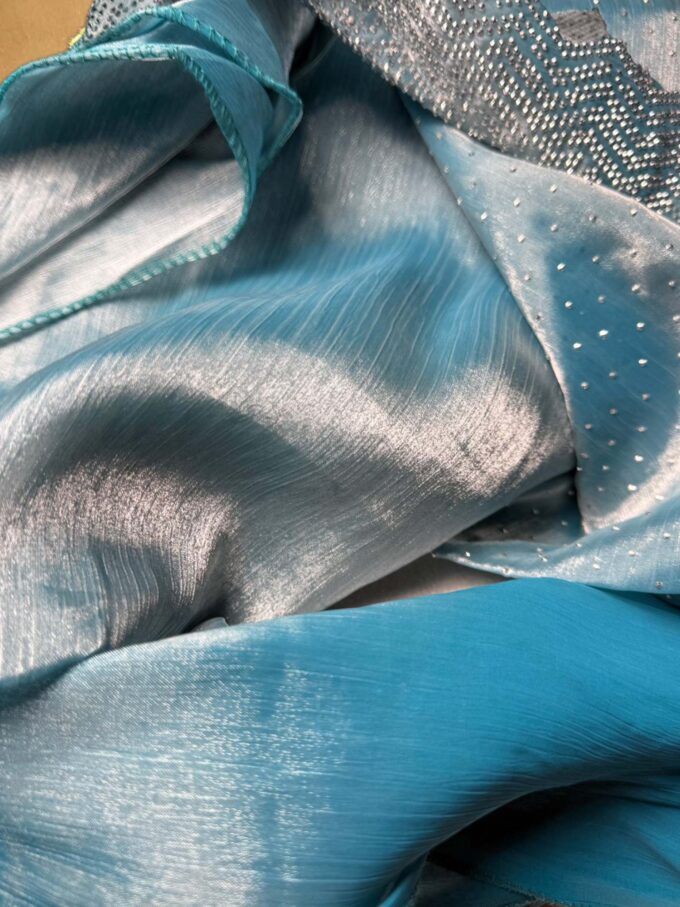 Teal and Silver Sequined Organza Saree - Image 5