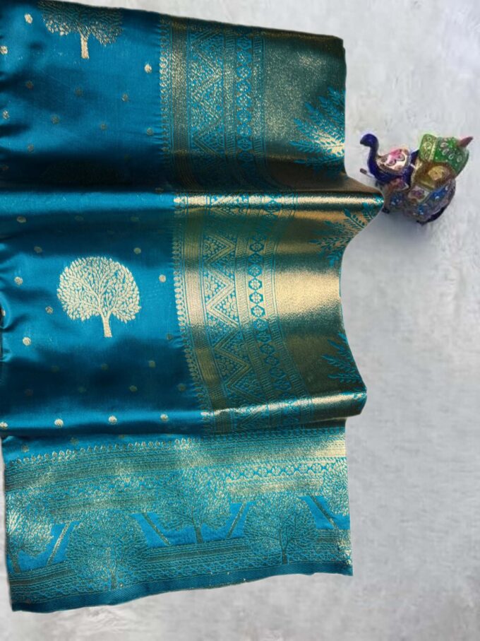 Emerald Blue Banarasi Silk Saree with Golden Motifs - Image 3